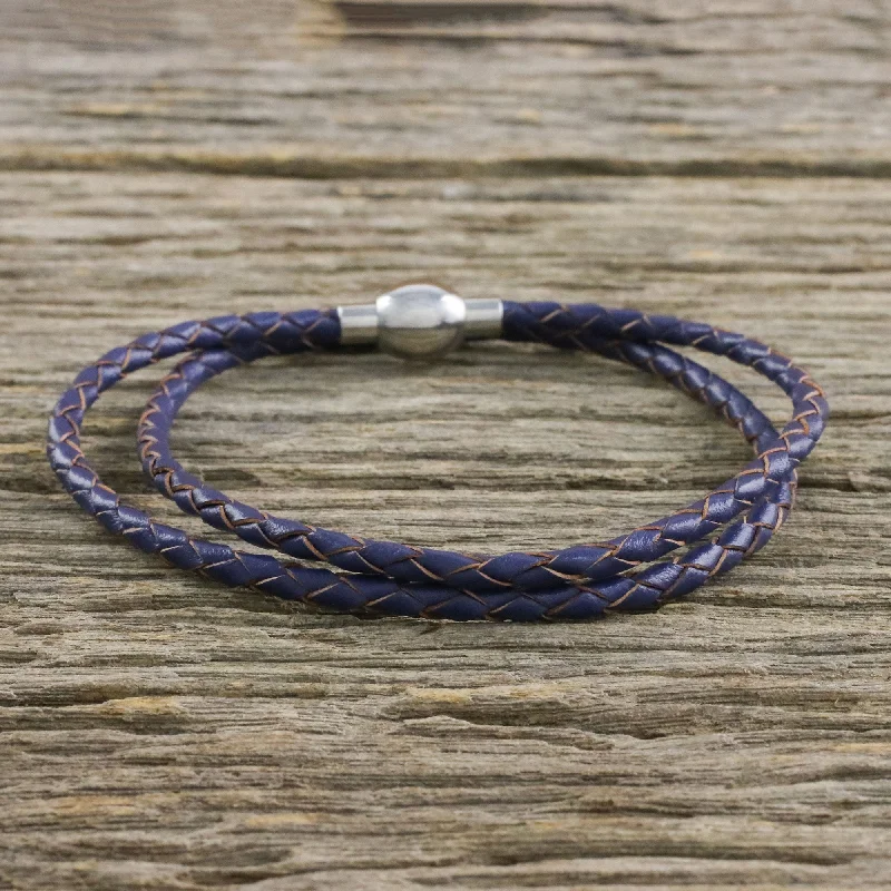 adjustable beaded bracelet with silver -Blue Charm Leather Wrap Bracelet in Blue (15 in.) from Thailand