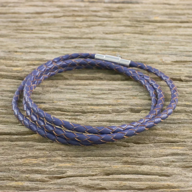 personalized braided leather bracelet -Blue Charm Leather Wrap Bracelet in Blue (23 in.) from Thailand