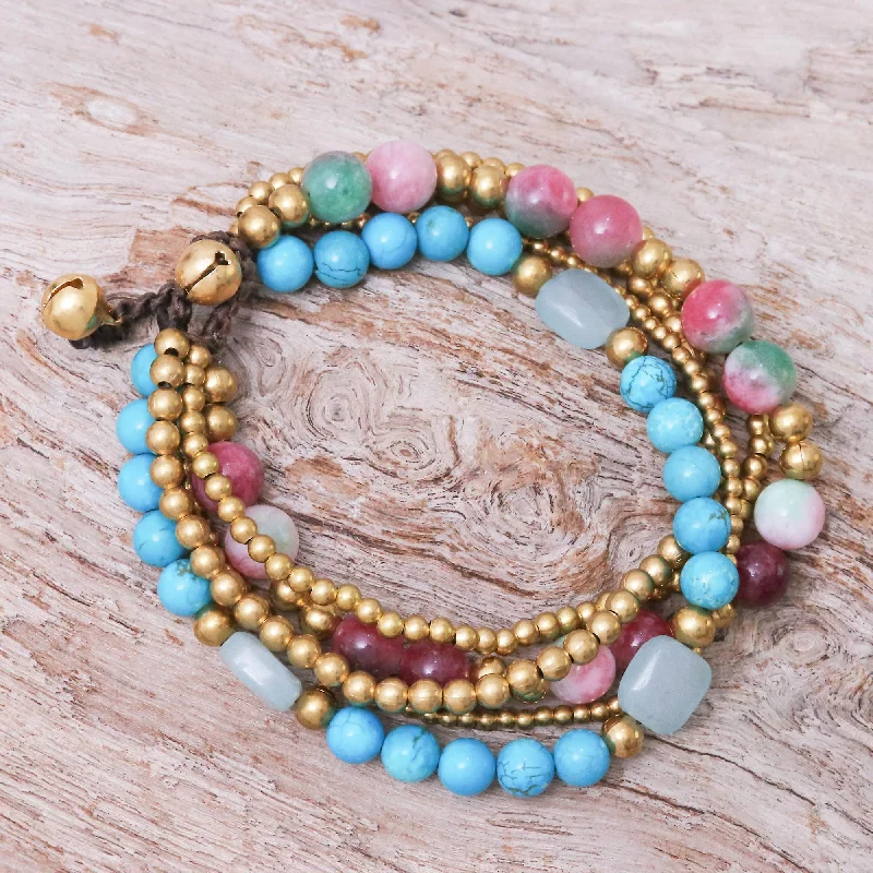 women’s bangle bracelet set -Bohemian Melange Multi-gemstone Beaded Bracelet with Ringing Brass Bells