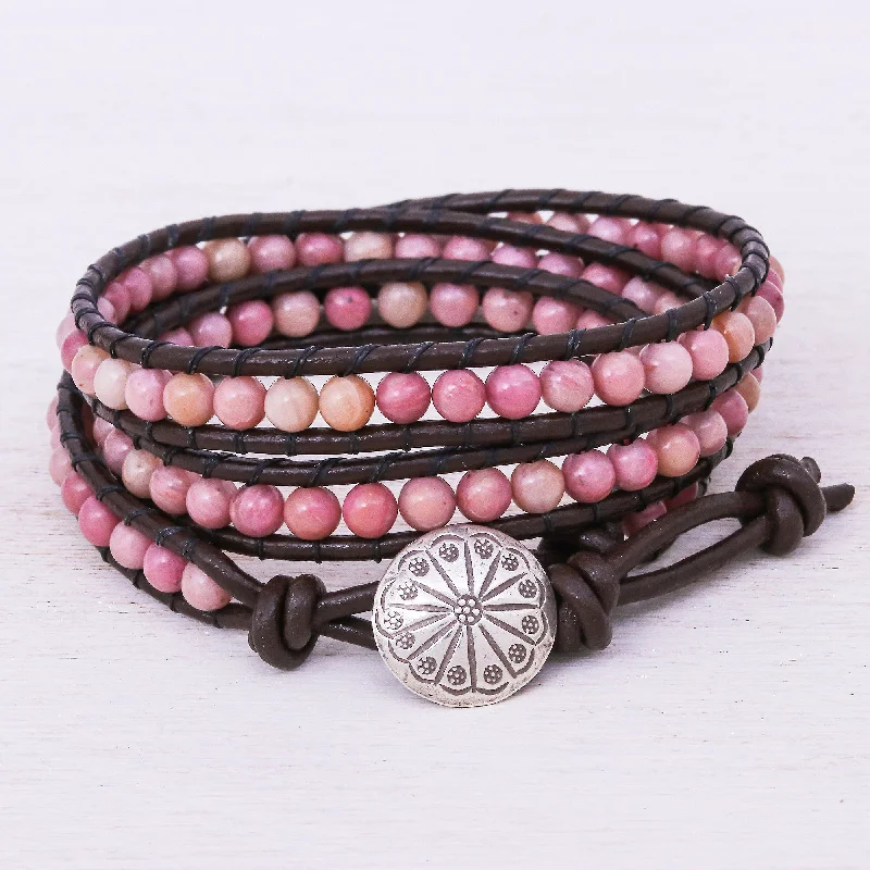 handmade woven leather bracelet -Choco Pink Hand-Woven Beaded Wrap Bracelet