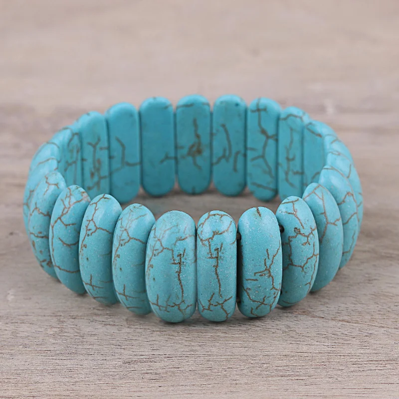 cuff bracelet with leather straps -Cool Water Reconstituted Turquoise Cool Water Beaded Stretch Bracelet