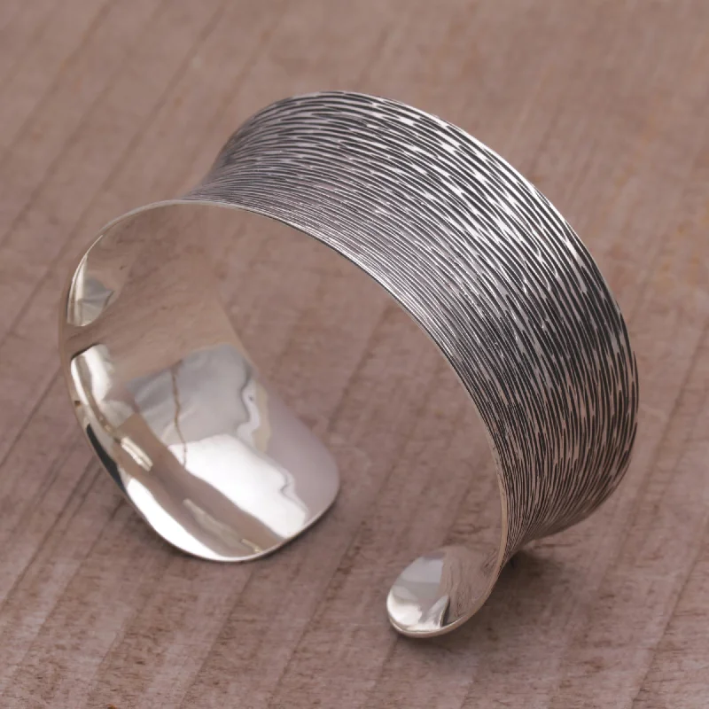 modern gold bracelet with charm -Dark Rain Blanket Oxidized Etched Sterling Silver Cuff Bracelet from Bali