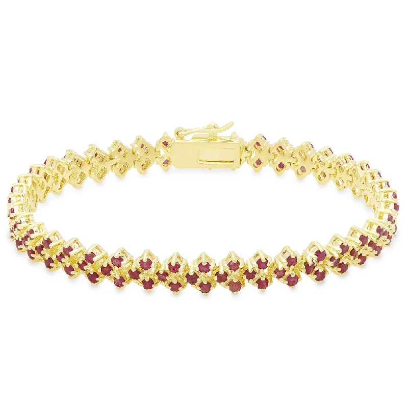 silver chain bracelet with beads -Dolce Giavonna Gold Overlay Ruby Three Row Bracelet