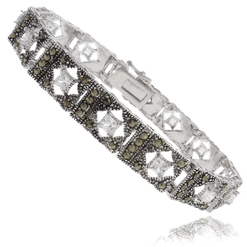 stylish adjustable bracelet for men -Dolce Giavonna Silver Overlay Marcasite and Square Art Deco Cubic Zirconia Bracelet