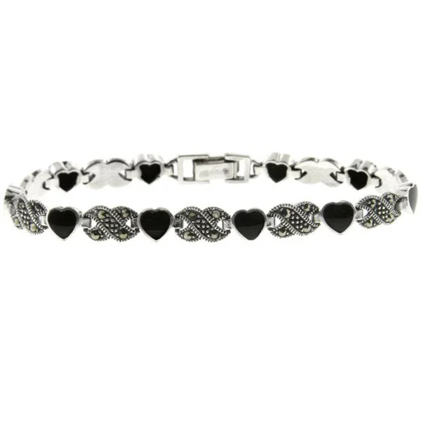 stylish adjustable bracelet for men -Dolce Giavonna Silverplated Black Onyx and Marcasite Heart Infinity Bracelet