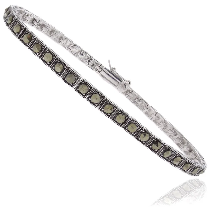 personalized men’s leather cuff bracelet -Dolce Giavonna Silverplated Marcasite Tennis Bracelet