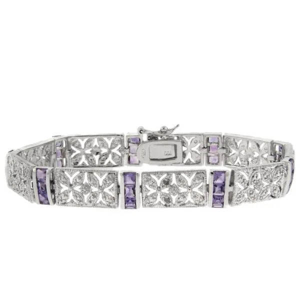 men’s leather band bracelet -Dolce Giavonna Sterling Silver Amethyst and Diamond Accent Filigree Flower Bracelet