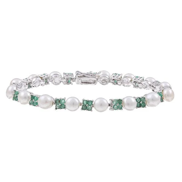 boho bracelet with mixed charms -Dolce Giavonna Sterling Silver White Freshwater Pearl and Emerald Link Bracelet (6 mm)