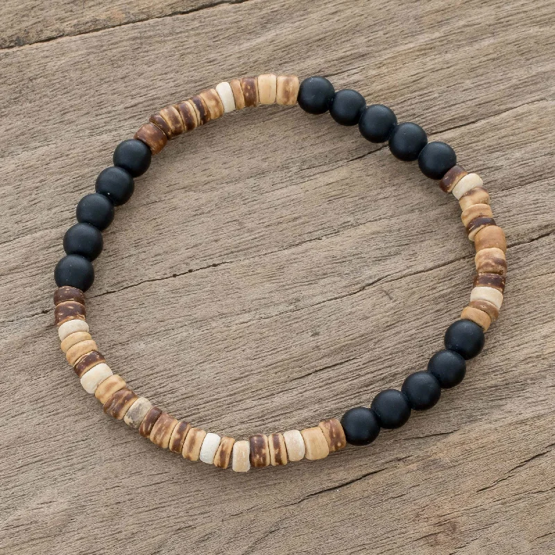 custom gold bracelet with birthstone -Earthen Force Onyx and Coconut Shell Beaded Stretch Bracelet