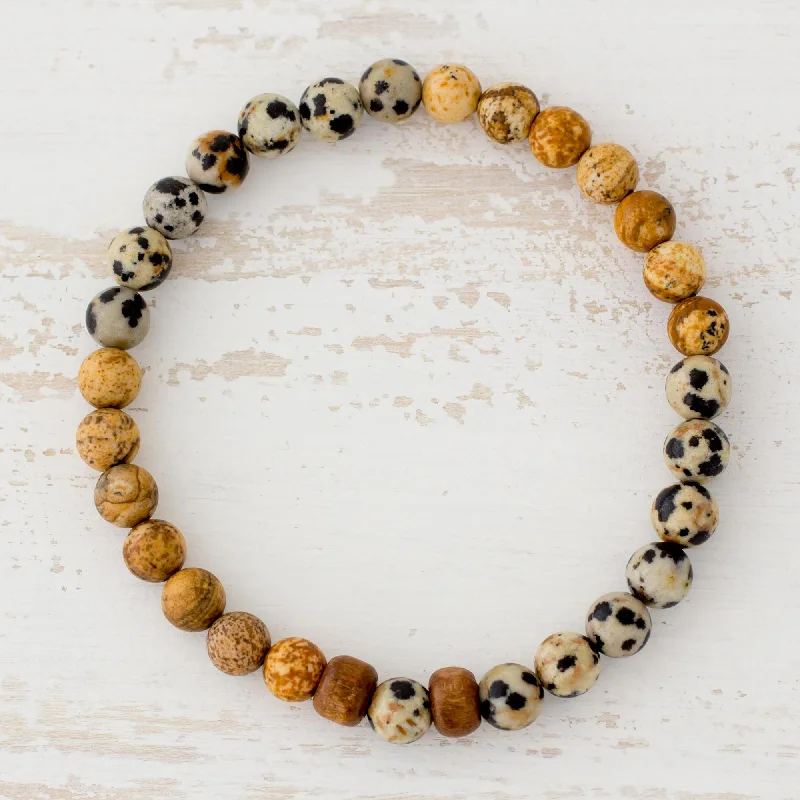 bohemian bracelet with natural stones -Estimable Beauty Jasper and Pinewood Beaded Stretch Bracelet from Guatemala