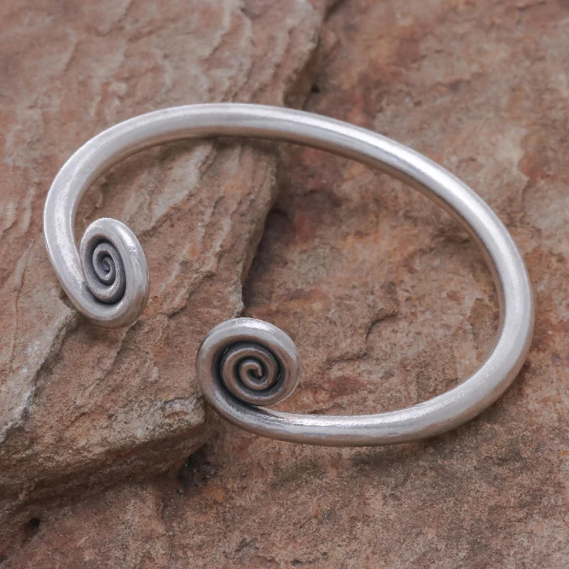 boho chic beaded bracelet for women -Fiddlehead Fern Hill Tribe 950 Silver Spiral Cuff Bracelet