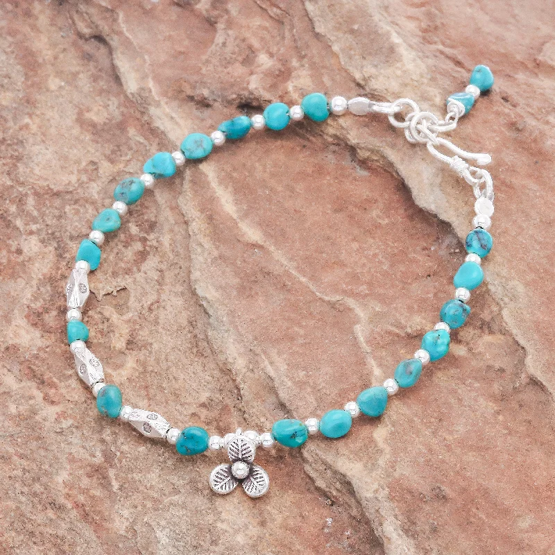 adjustable beaded bracelet with silver -Flower Season 950 and Sterling Silver and Reconstituted Turquoise Bracelet