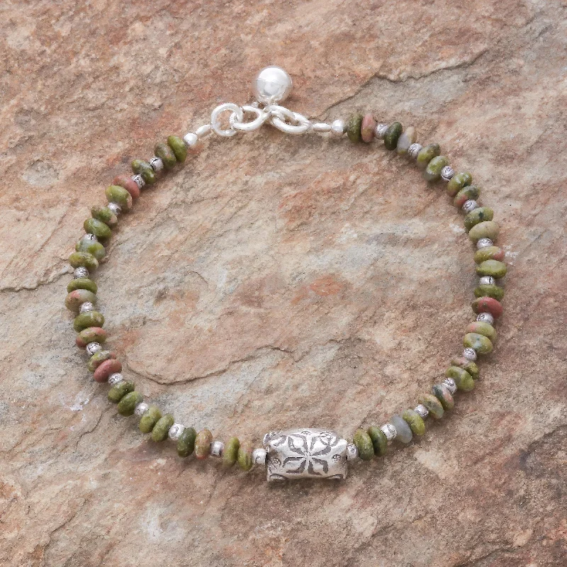 adjustable pearl bracelet for women -Forest Harmony Hill Tribe Unakite Beaded Bracelet from Thailand