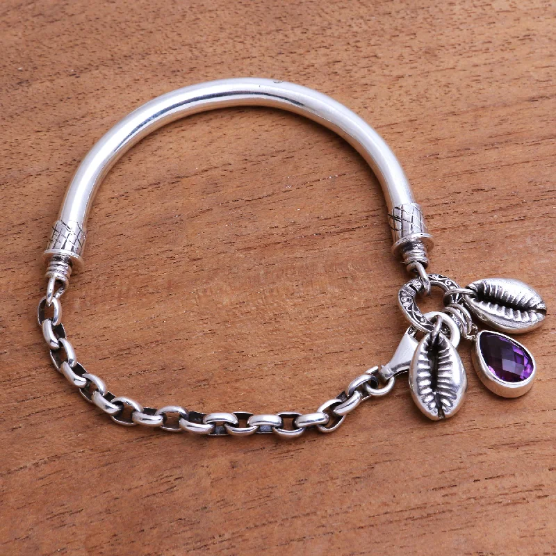 men’s gold chain bracelet -Glistening Shells Sterling Silver and Faceted Amethyst Bracelet from Java