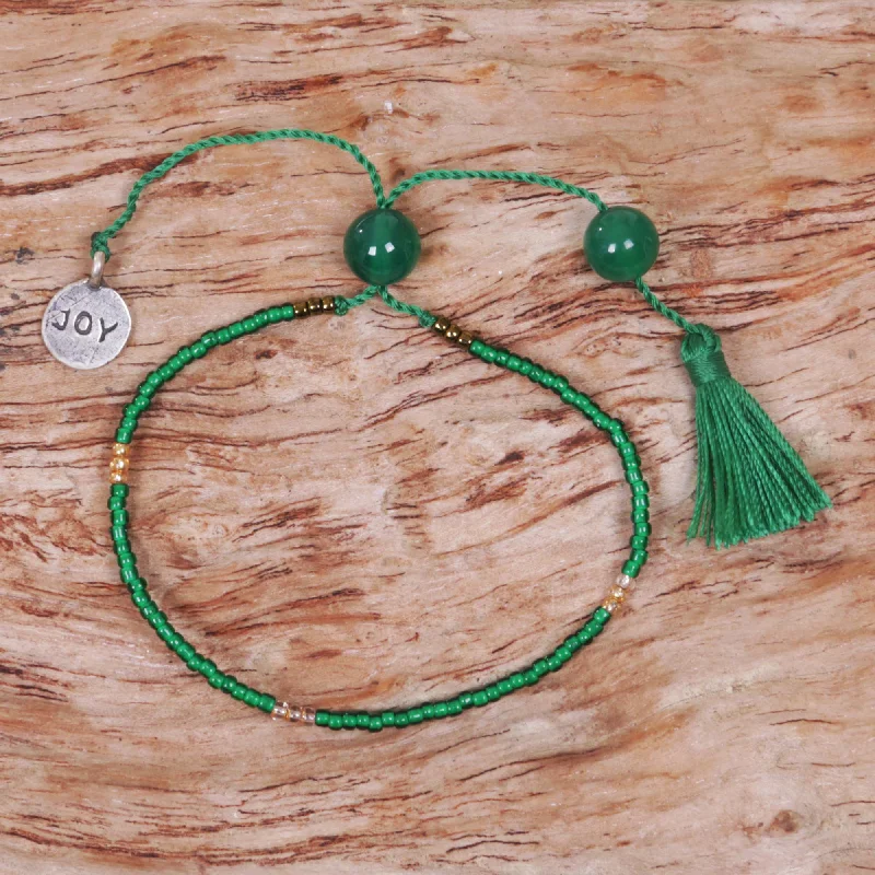 women’s adjustable charm bangle -Green Joy Green Glass Bead Bracelet with Joy Charm Green Quartz Stones