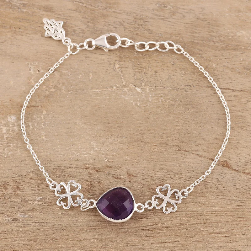 adjustable friendship bracelet for women -Hamsa Grace Hamsa Charm 3.5-Carat Amethyst Pendant Bracelet from India