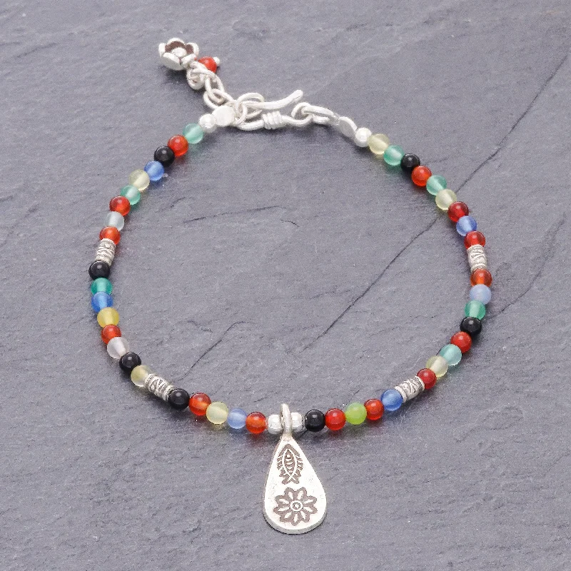 cuff bracelet with leather straps -Hill Tribe Rainbow Chalcedony Beaded Bracelet with Karen Silver Charm