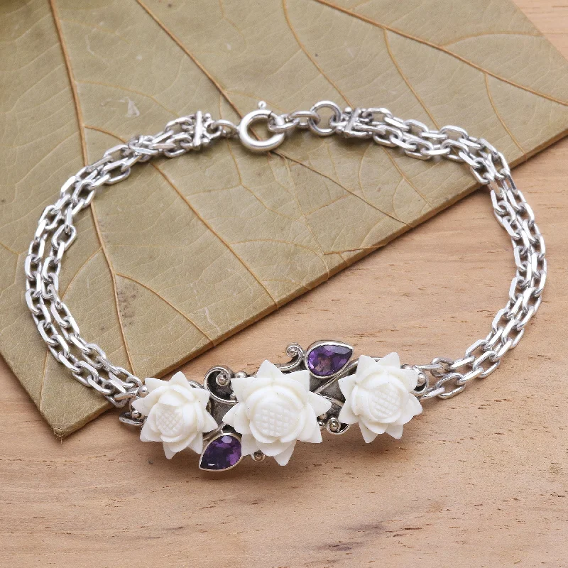 boho chic beaded bracelet for women -Ivory Lotus Silver and Amethyst Bracelet with Carved Bone Flowers