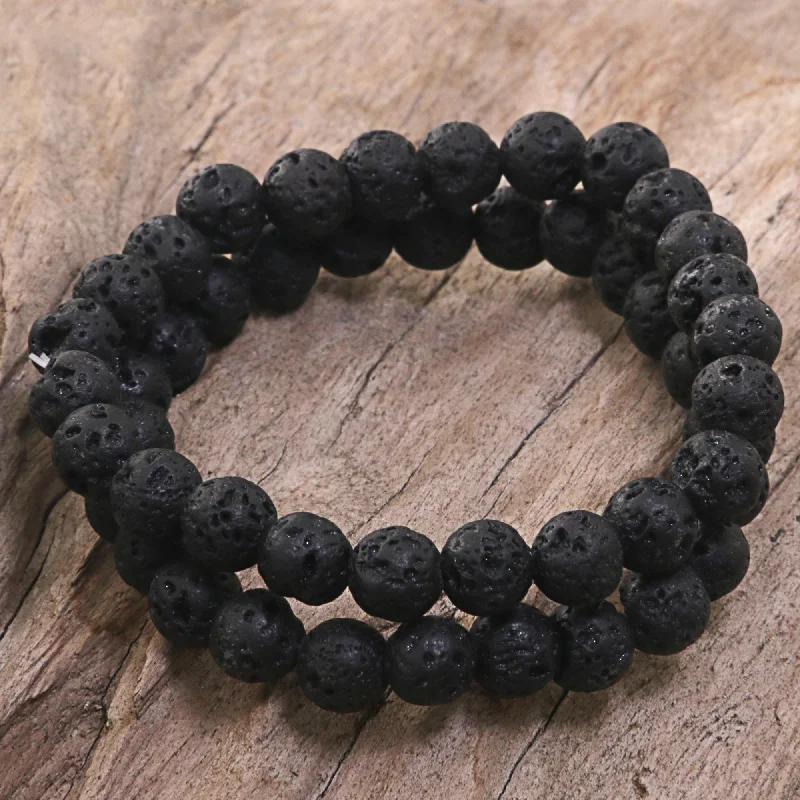 statement bracelet for women’s fashion -Kintamani Lava Lava Stone Stretch Bracelets (Pair) from Indonesia