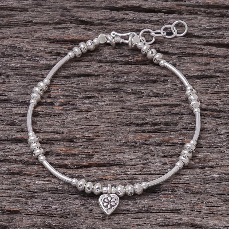 bohemian bracelet with natural stones -Love Hill Tribe Heart Charm Karen Silver Beaded Bracelet from Thailand