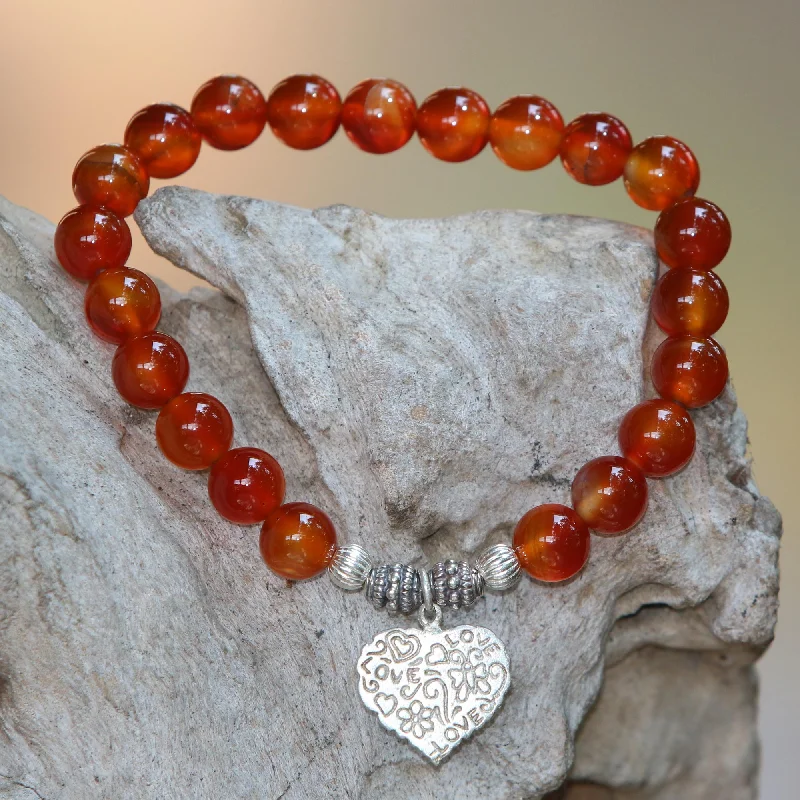 handwoven leather bracelet with crystals -Loving Fantasy Red Carnelian Heart Charm Beaded Bracelet from Bali