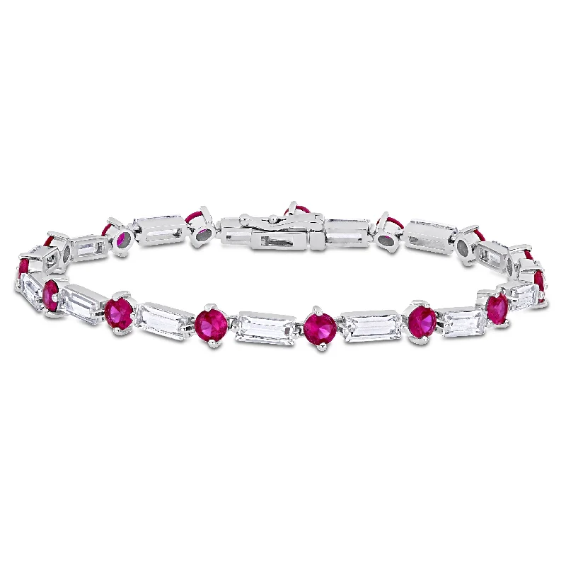 leather rope bracelet for women -Miadora Baguette and Round-cut Created Ruby & White Sapphire Tennis Bracelet in Sterling Silver