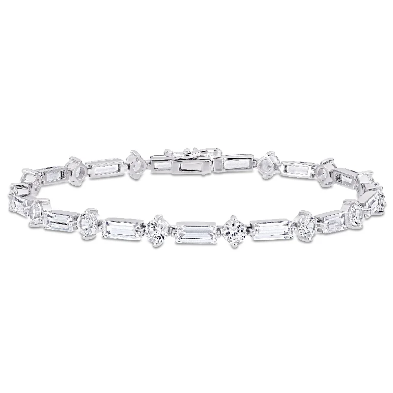 crystal charm bracelet for healing energy -Miadora Baguette and Round-cut Created White Sapphire Tennis Bracelet in Sterling Silver