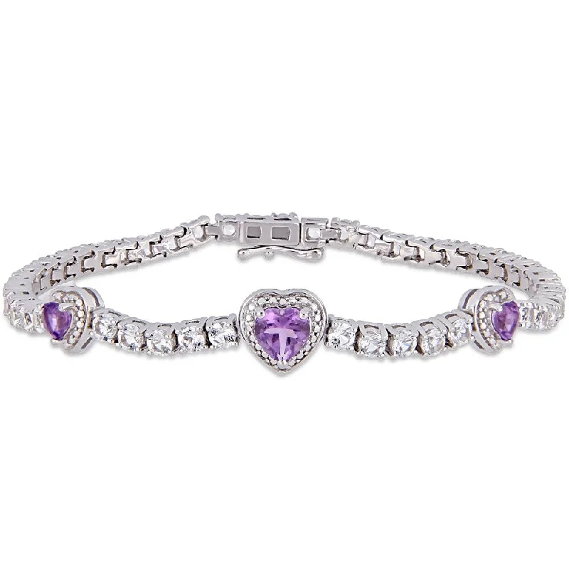 gold-plated adjustable charm bracelet -Miadora Sterling Silver Amethyst and Created White Sapphire Triple Heart Tennis Bracelet