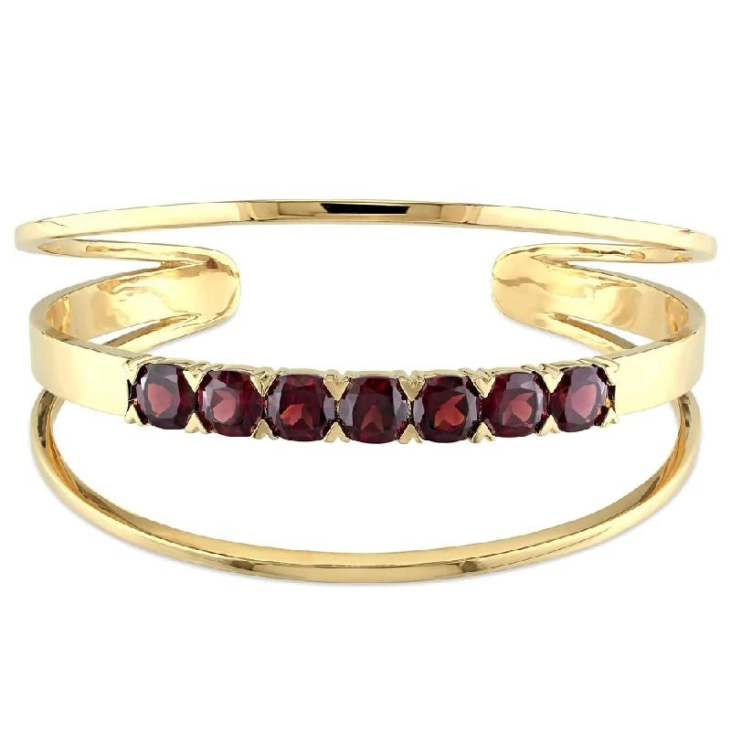 luxury pearl bracelet for weddings -Miadora Yellow Plated Sterling Silver Garnet Open Cuff Bracelet