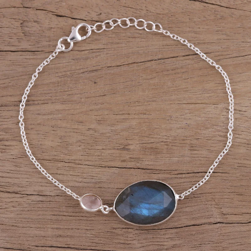 handmade silver bracelet with charms -Mist and Mystery Sterling Silver Labradorite and Rose Quartz Pendant Bracelet