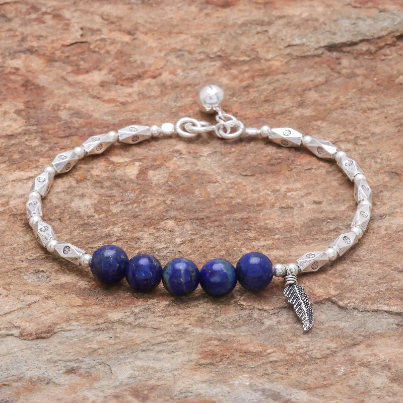 stylish bracelet for stacking -Ringing Feather Hill Tribe Lapis Lazuli Beaded Bracelet from Thailand