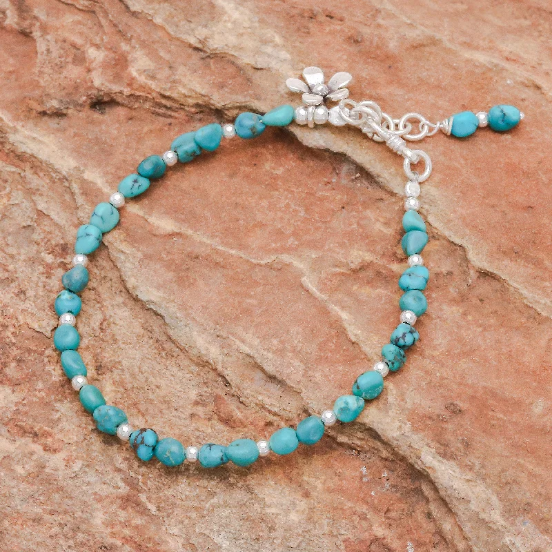 personalized charm bracelet for girls -Sea Flower Sterling Silver and Reconstituted Turquoise Bracelet