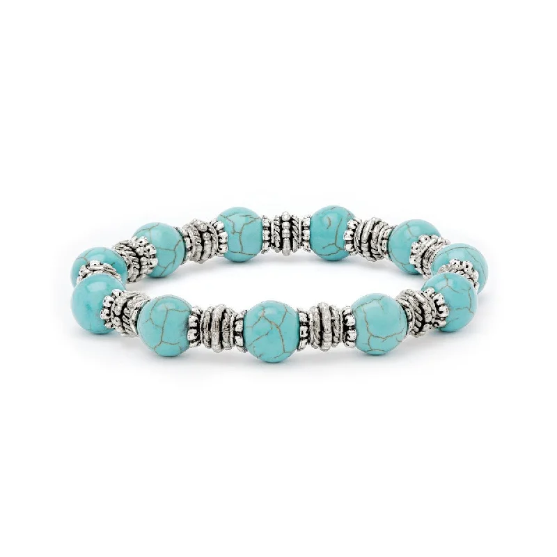 crystal charm bracelet for healing energy -Silver Plated Simulated Turquoise Round Stretch Bracelet