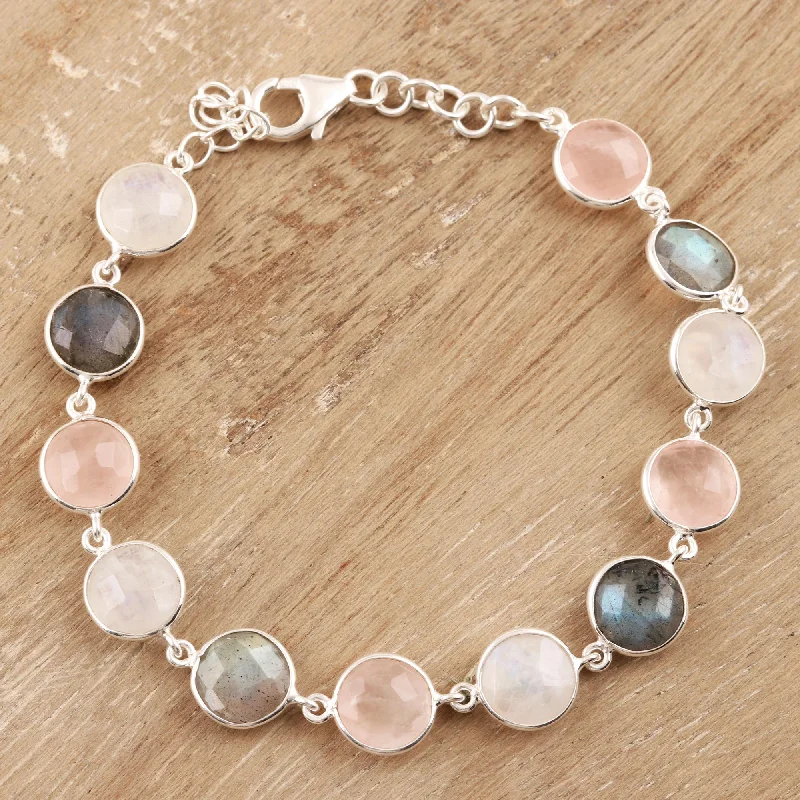 handcrafted bracelet with mixed metals -Soft Round Glitter 24-Carat Multi-Gemstone Link Bracelet in Pink from India