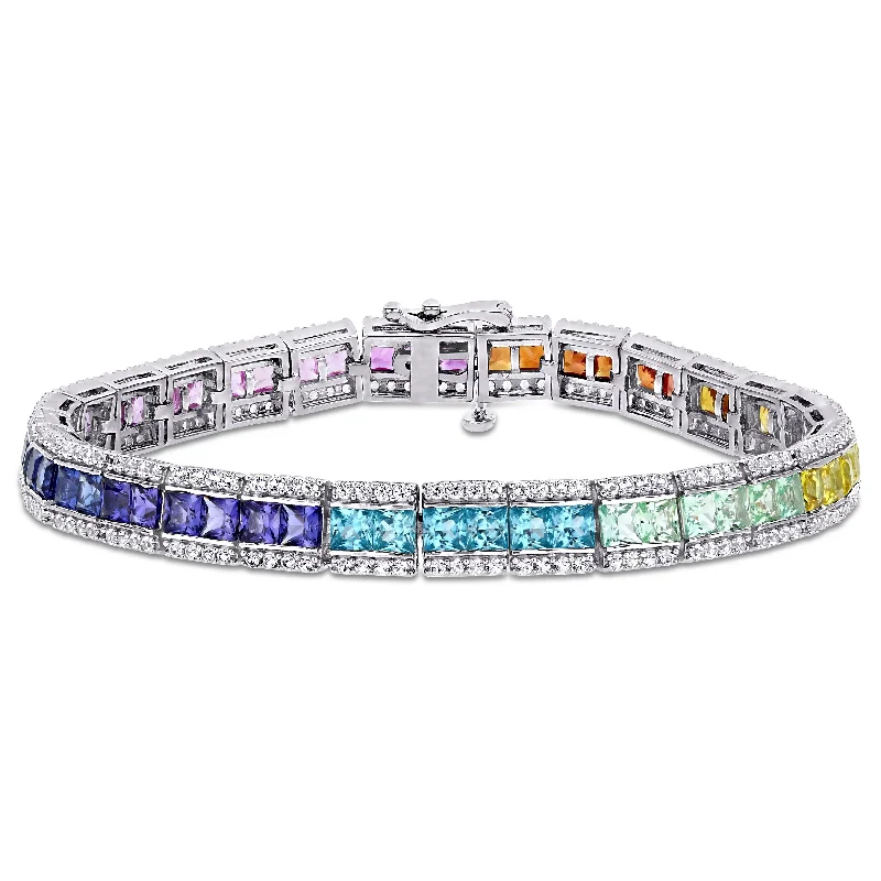 colorful friendship bracelet for teens -Square-cut Multi-Color Created Sapphire Halo Tennis Bracelet in Sterling Silver by Miadora