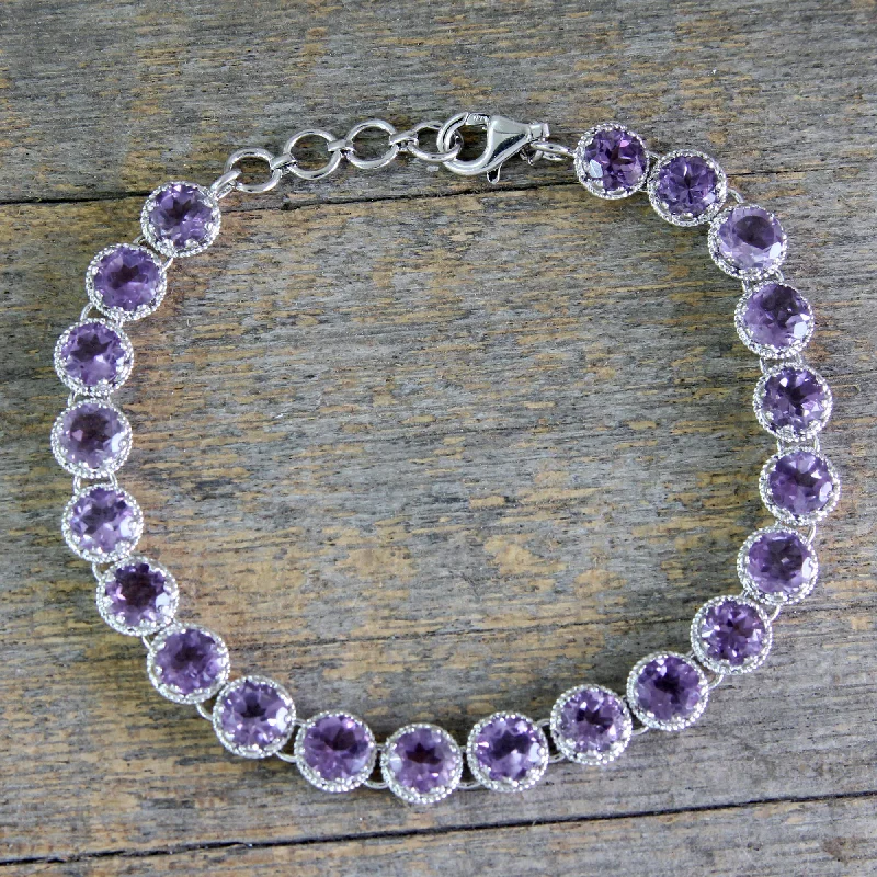 casual braided bracelet for men -Violet Enchantment Artisan Handcrafted Silver Tennis Bracelet with 21 Amethysts