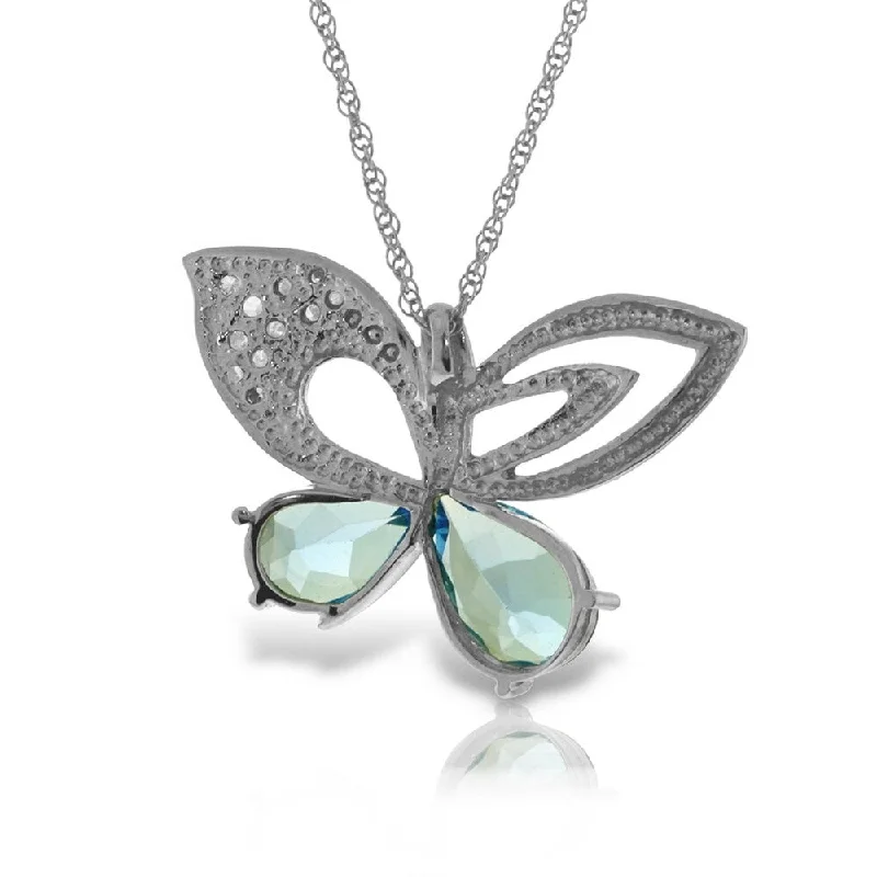 matching couple necklaces for anniversary -14K Solid White Gold Batterfly Necklace with Natural Diamonds & Blue Topaz