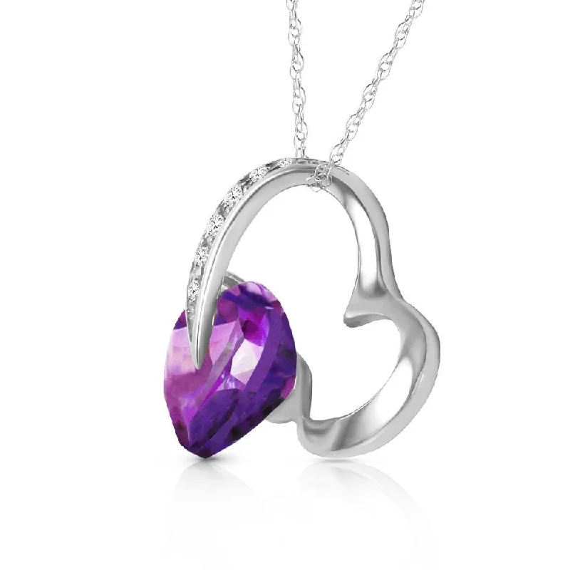 delicate gold heart necklace for women -14K Solid White Gold Heart Necklace with Natural Diamond & Amethyst