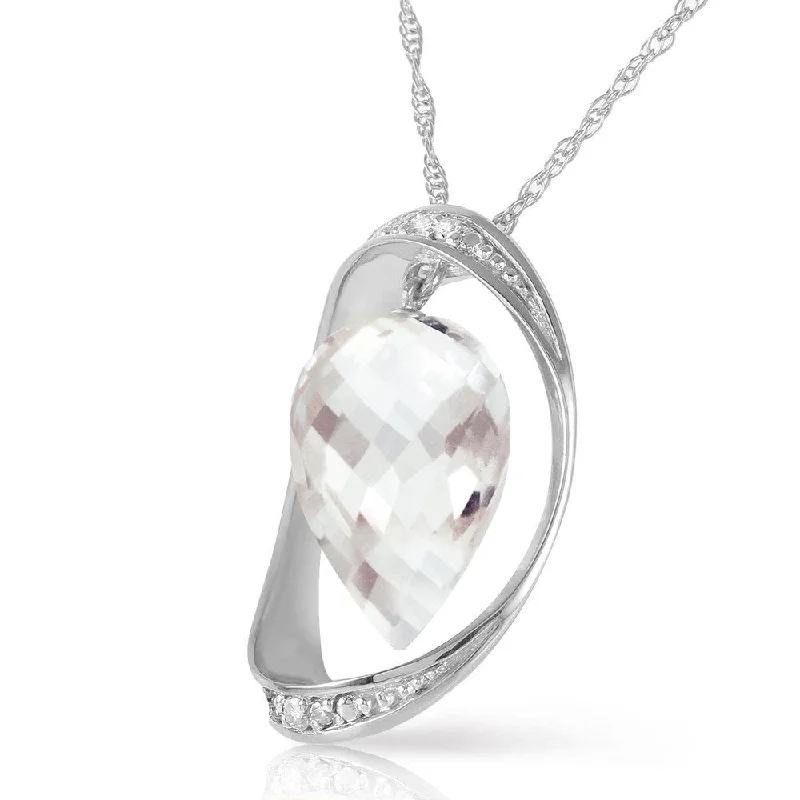 crystal pendant necklace for layering -14K Solid White Gold Necklace with Diamonds & Briolette Pointy Drop White Topaz