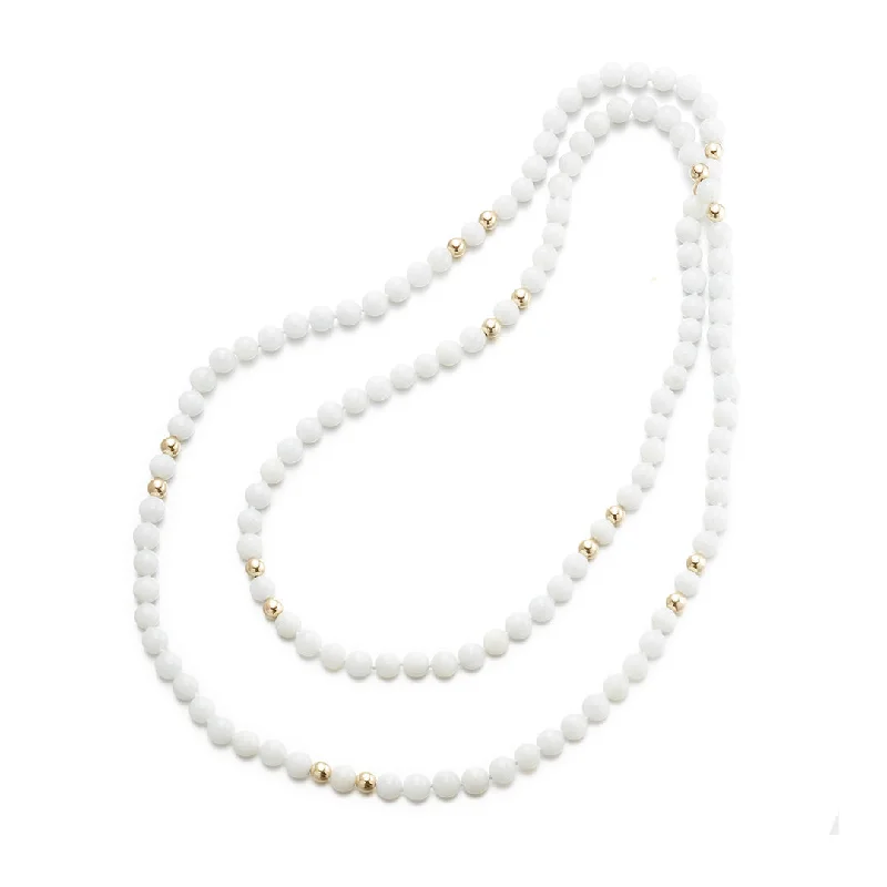 sapphire drop necklace for women -6mm White Jade & Gold Bead Station Rope Necklace