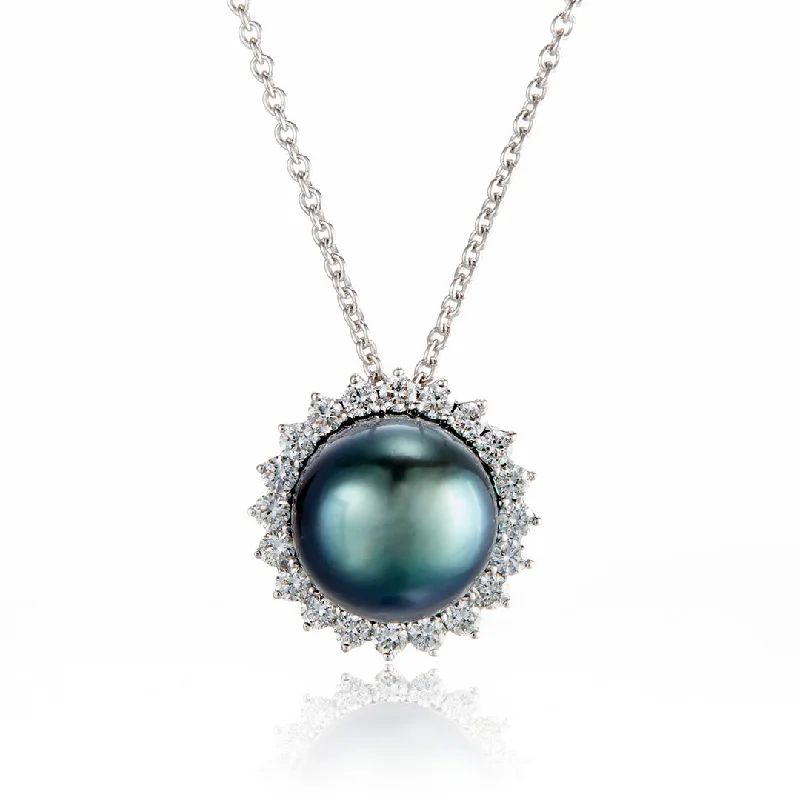 silver bar necklace for layering -Halo Necklace in Tahitian Pearl & Diamonds