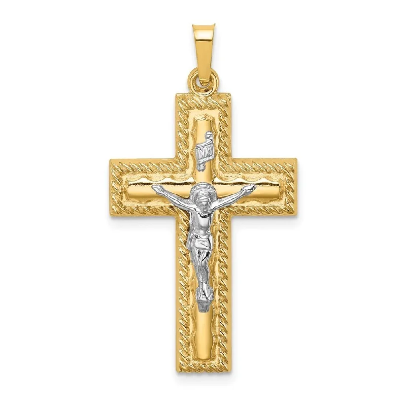 engraved infinity necklace for couples -Diamond2Deal 14K Two-Tone Gold Hollow Polished Rope Edge Latin Crucifix Pendant (L- 1.34 Inch, W- 0.75 Inch)