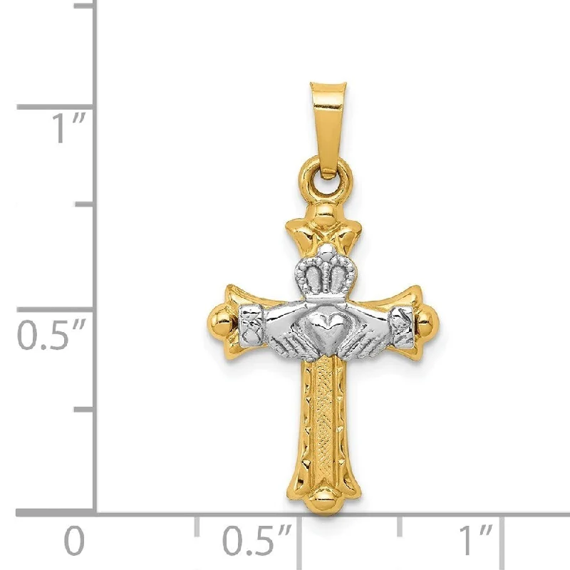 birthstone necklace for women -Diamond2Deal 14k White and Yellow Gold Claddagh Cross Pendant (L- 28 mm, W- 15 mm)