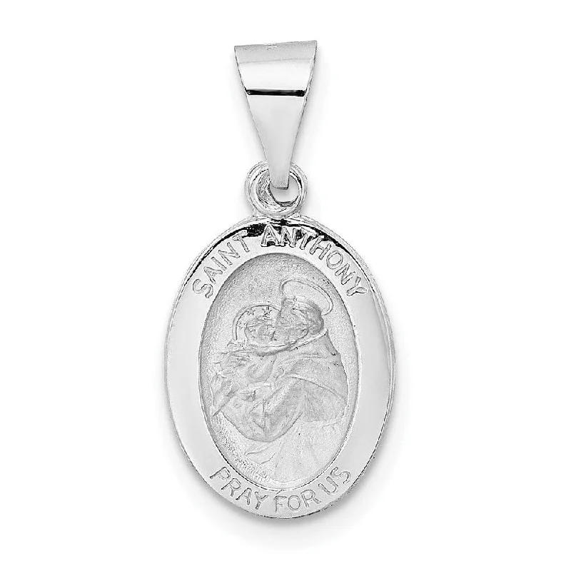 gold pendant necklace with initials -Diamond2Deal 14K White Gold and Satin Hollow Oval St Anthony Medal Pendant (L-23.3mm, W-11mm)