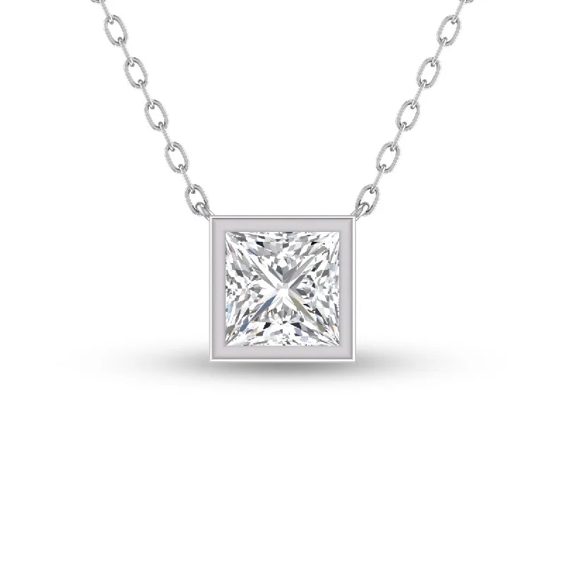 crystal bead necklace for women -Marquee Lab Grown 1/2 Carat Princess Cut Bezel Set Diamond Solitaire Pendant in 14K White Gold