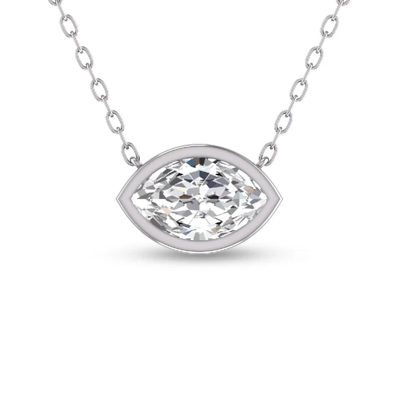 birthstone necklace for women -Marquee Lab Grown 1/4 Carat Marquise Shaped Bezel Set Diamond Solitaire Pendant in 14K White Gold