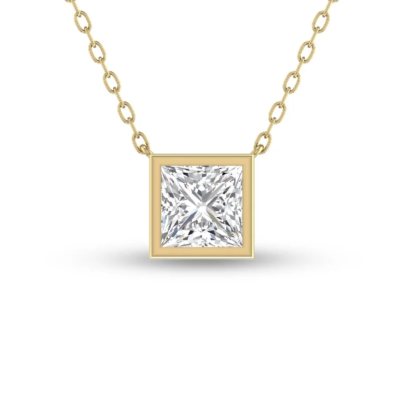 birthstone necklace for special occasions -Marquee Lab Grown 1 Carat Princess Cut Bezel Set Diamond Solitaire Pendant in 14K Yellow Gold