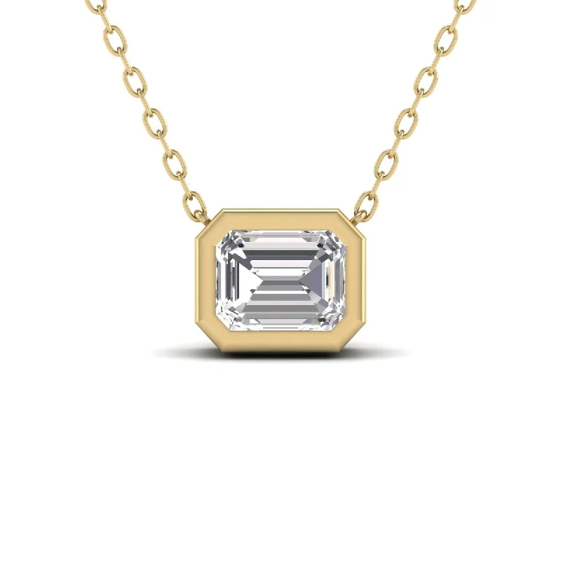 minimalist bar necklace for layering -Marquee Lab Grown 3/4 Carat Emerald Cut Bezel Set Diamond Solitaire Pendant in 14K Yellow Gold