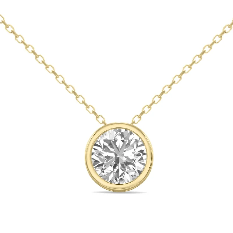 custom name necklace for gifts -Marquee Lab Grown 3/4 Carat Round Solitaire Diamond Bezel Set Pendant in 14K Yellow Gold