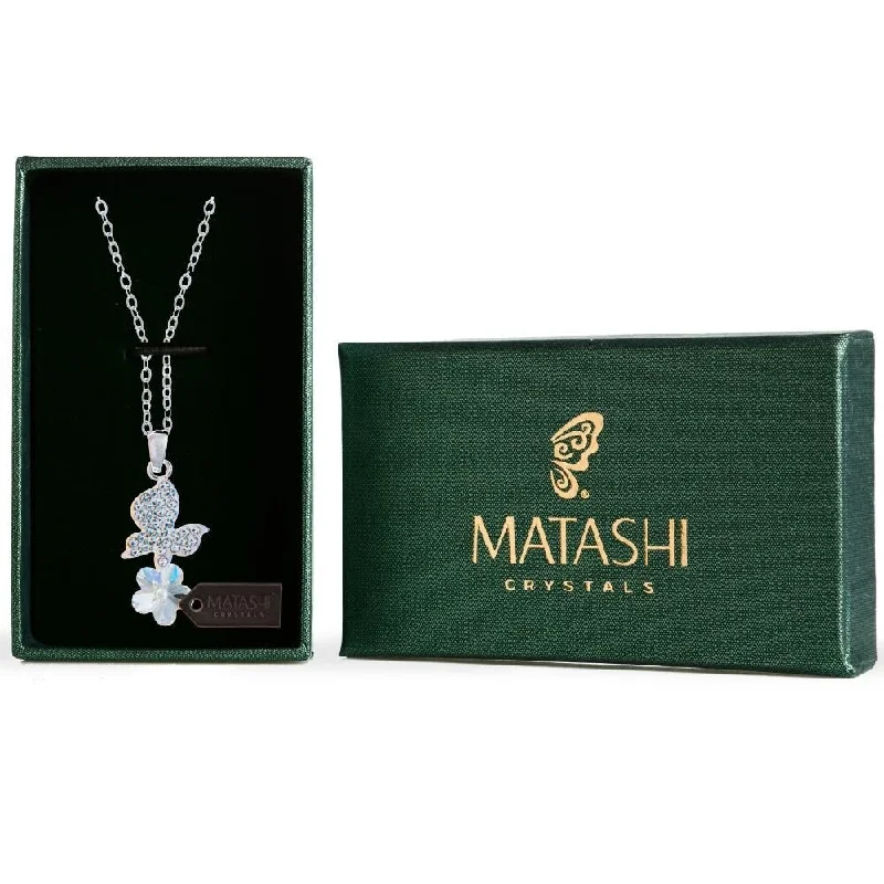 custom coordinate pendant necklace for couples -Matashi Rhodium Plated Necklace w Butterfly Alighting on a Flower Design w 16" Extendable Chain and Clear Crystals - Silver